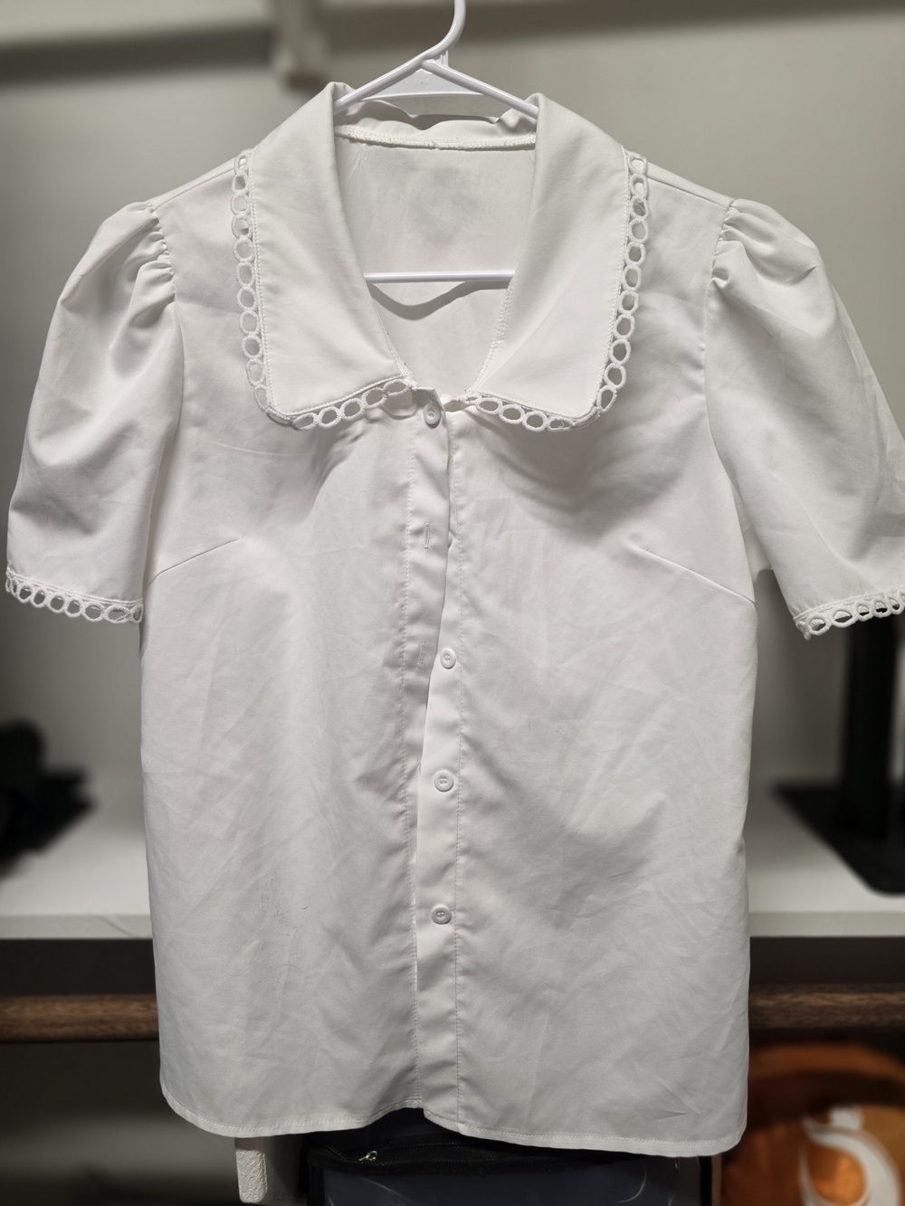 SHEIN White Puff Sleeve Button-Down with Lace Trim